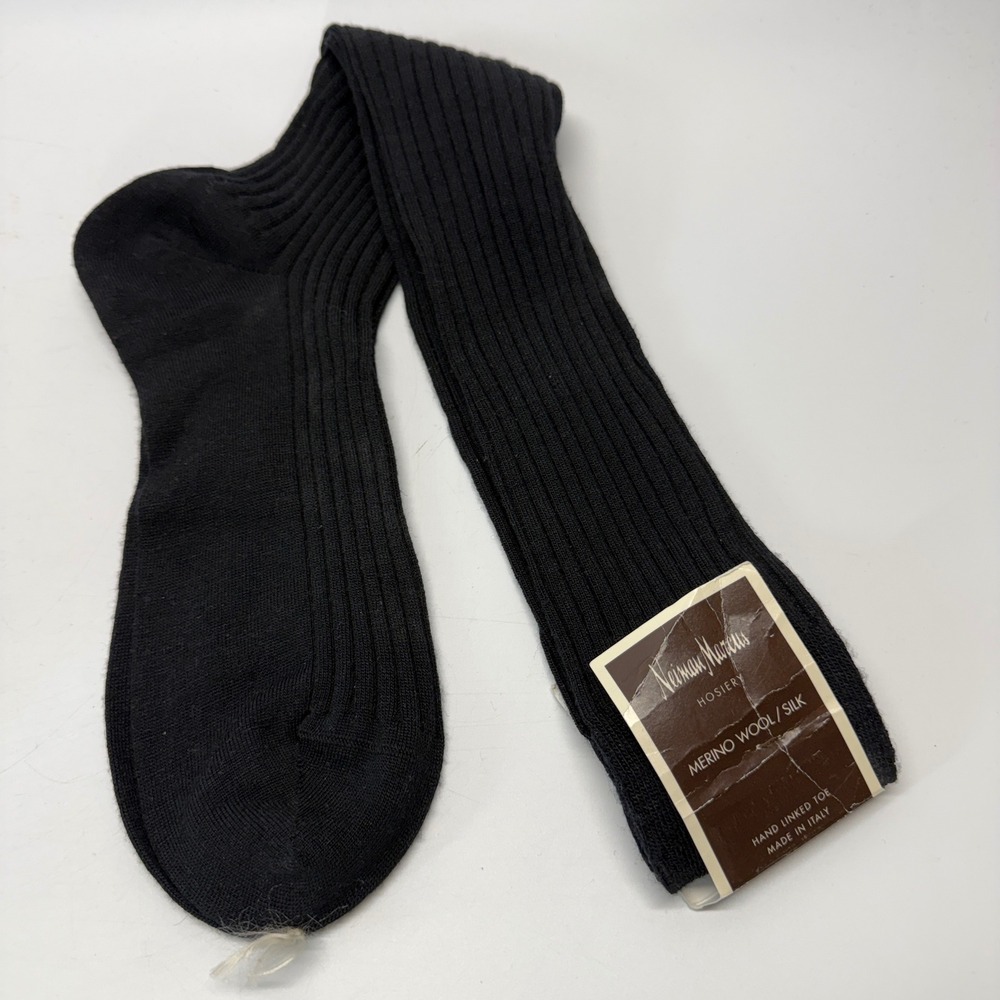 Vintage Neiman Marcus Socks Mens OS Black Merino Wool Silk Ribbed Italy 90s